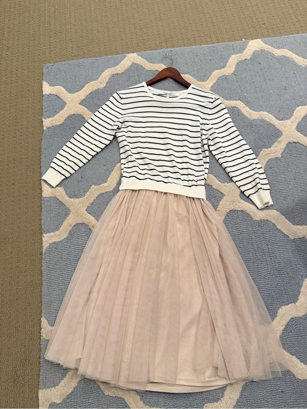 English Factory Striped Knit Top with Blush Tulle Midi Skirt